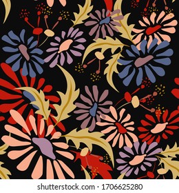 Vector floral seamless pattern. Tropical background with exotic jungle flowers, leaves, hand drawn elements. Abstract botanical ornament. Bright flowers on black backdrop. Repeat design for wallpapers
