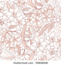  vector floral seamless pattern with tropical flowers and hummingbirds
