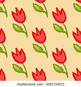 Vector floral seamless pattern. Tulip flowers and leaves in red and green over white background.