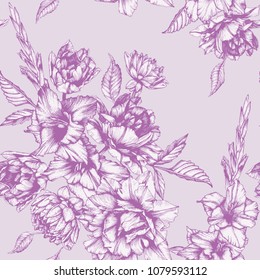 Vector floral seamless pattern with tulips and gladiolus flowers
