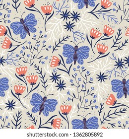 vector floral seamless pattern with tulips and butterflies