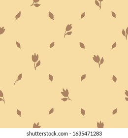 Vector floral seamless pattern. Tulips and leaves over vintage beige brown background. Little flowers wallpaper.