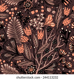 vector floral seamless pattern with tulips and fantasy plants on a dark brown background