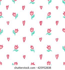 Vector floral seamless pattern. Tulips, leaves and hearts in red and green over white background. Little romantic flowers illustration.