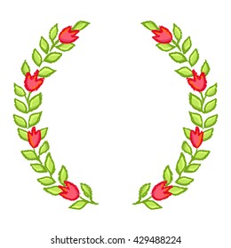 Vector floral seamless pattern. Tulips and leaves in red and green over white background. Little red flowers.