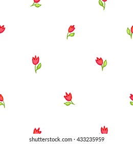 Vector floral seamless pattern. Tulips and leaves in red and green over white background. Little red flowers illustration.