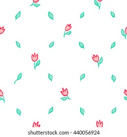 Vector floral seamless pattern. Tulips and leaves in red and green over white background. Little red flowers illustration.