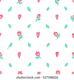 Vector floral seamless pattern. Tulips, leaves and hearts in red and green over white background. Little romantic flowers illustration.