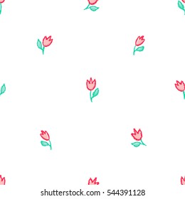 Vector floral seamless pattern. Tulips and leaves in red and green over white background. Little red flowers illustration.