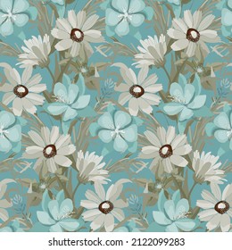 Vector floral seamless pattern in turquoise and beige colors. Meadow flowers are isolated on a turquoise background. An illustration with repeating floral elements for wallpapers, fabrics, and more.