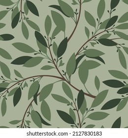 Vector floral seamless pattern. Twigs with green leaves and buds. Spring foliage on an olive colored background.