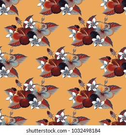 Vector floral seamless pattern. Various gray, red and yellow hibiscus hawaiian tropical flowers.