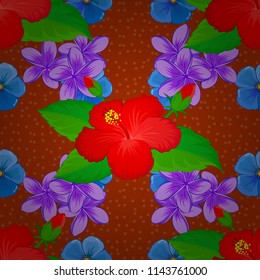 Vector floral seamless pattern. Various red, green and orange hibiscus hawaiian tropical flowers.