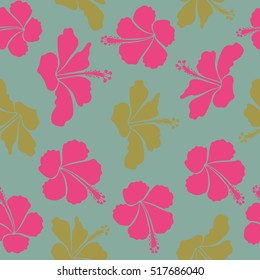 Vector floral seamless pattern. Various yellow, blue and pink hibiscus hawaiian tropical flowers.