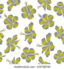 Vector floral seamless pattern. Various hibiscus hawaiian tropical flowers in yellow and violet colors on a white background.