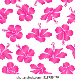 Vector floral seamless pattern. Various hibiscus hawaiian tropical flowers in pink and magenta colors on a white background.