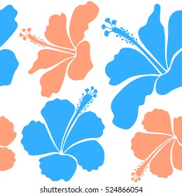 Vector floral seamless pattern. Various hibiscus hawaiian tropical flowers in blue and orange colors on a white background.