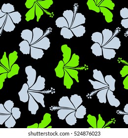 Vector floral seamless pattern. Various hibiscus hawaiian tropical flowers in green and neutral colors on a black background.