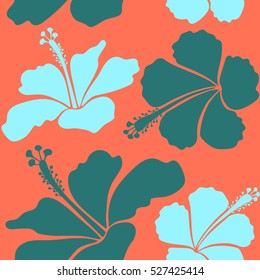 Vector floral seamless pattern. Various blue and orange hibiscus hawaiian tropical flowers.