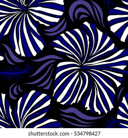 Vector floral seamless pattern. Various hibiscus hawaiian tropical flowers in blue and white colors on a black background.