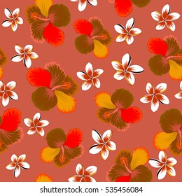 Vector floral seamless pattern. Various brown, red and orange hibiscus hawaiian tropical flowers.