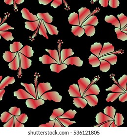 Vector floral seamless pattern. Various hibiscus hawaiian tropical flowers in red and neutral colors on a black background.