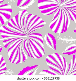 Vector floral seamless pattern. Various magenta and white hibiscus hawaiian tropical flowers.