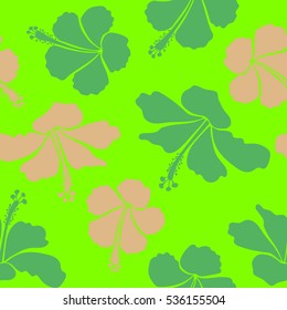 Vector floral seamless pattern. Various beige and green hibiscus hawaiian tropical flowers.