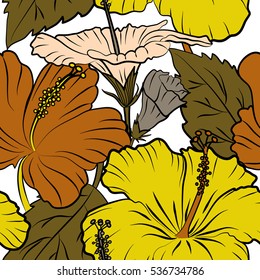 Vector floral seamless pattern. Various hibiscus hawaiian tropical flowers in beige, yellow and orange colors on a white background.