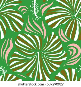 Vector floral seamless pattern. Various brown and green hibiscus hawaiian tropical flowers.
