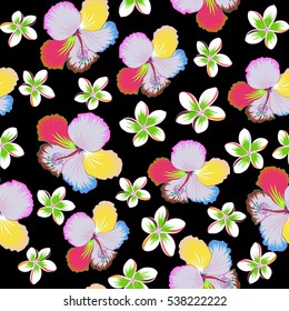 Vector floral seamless pattern. Various hibiscus hawaiian tropical flowers in pink, neutral and green colors on a black background.