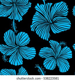 Vector floral seamless pattern. Various hibiscus hawaiian tropical flowers in blue colors on a black background.