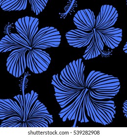 Vector floral seamless pattern. Various hibiscus hawaiian tropical flowers in blue colors on a black background.