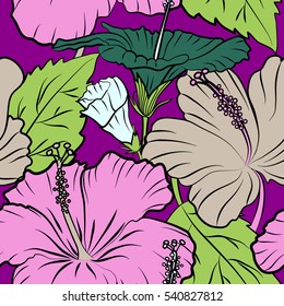 Vector floral seamless pattern. Various multicolor hibiscus hawaiian tropical flowers and leaves on a purple background.