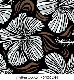 Vector floral seamless pattern. Various hibiscus hawaiian tropical flowers in gray and white colors on a black background.