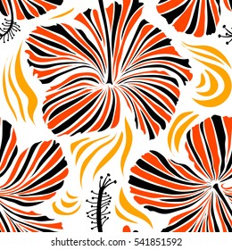 Vector floral seamless pattern. Various hibiscus hawaiian tropical flowers in orange and black colors on a white background.