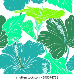 Vector floral seamless pattern. Various hibiscus hawaiian tropical flowers in blue and green colors on a white background.
