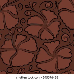 Vector floral seamless pattern. Various brown hibiscus hawaiian tropical flowers.