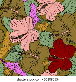 Vector floral seamless pattern. Various multicolor hibiscus hawaiian tropical flowers and leaves on a brown background.