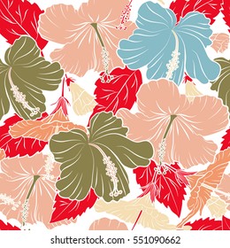 Vector floral seamless pattern. Various hibiscus hawaiian tropical flowers in orange, beige and red colors on a white background.