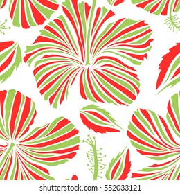 Vector floral seamless pattern. Various hibiscus hawaiian tropical flowers in white and red colors on a white background.