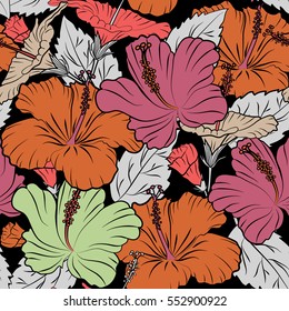 Vector floral seamless pattern. Various hibiscus hawaiian tropical flowers in orange and pink colors on a black background.