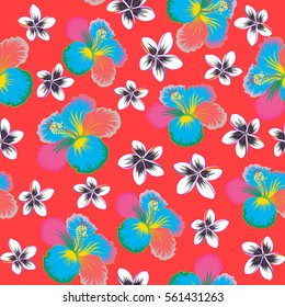 Vector floral seamless pattern. Various hibiscus hawaiian tropical flowers on a orange background.