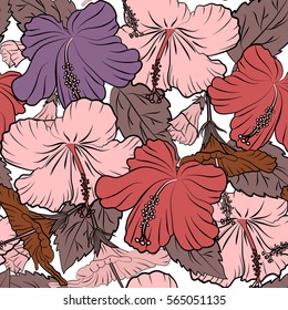 Vector floral seamless pattern. Various hibiscus hawaiian tropical flowers in purple and pink colors on a white background.