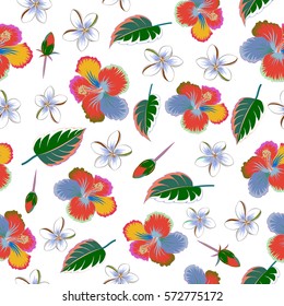 Vector floral seamless pattern. Various hibiscus hawaiian tropical flowers in green and blue colors on a white background.