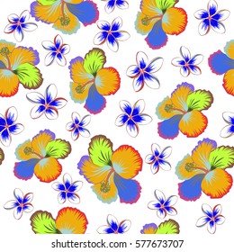 Vector floral seamless pattern. Various hibiscus hawaiian tropical flowers in blue and brown colors on a white background.