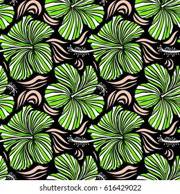 Vector floral seamless pattern. Various hibiscus hawaiian tropical flowers in neutral and green colors on a black background.