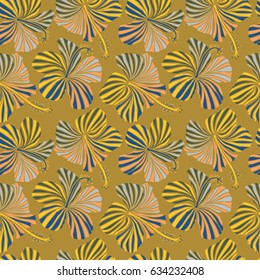 Vector floral seamless pattern. Various hibiscus hawaiian tropical flowers on a yellow background.