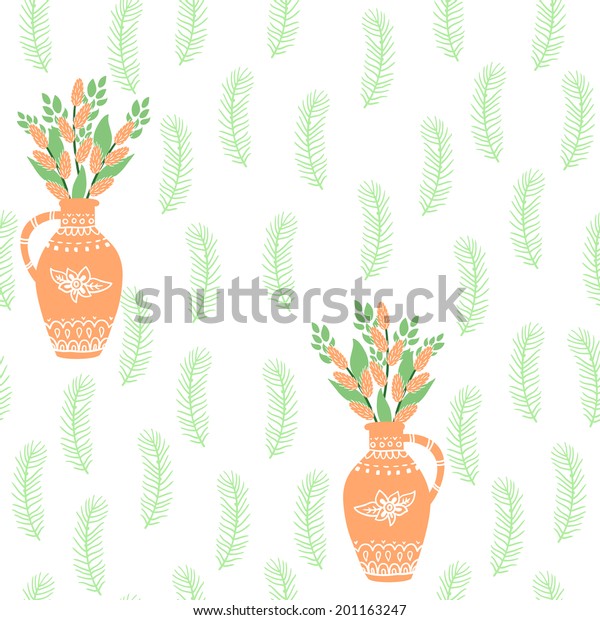 Vector Floral Seamless Pattern Vases Bouquet Nature Backgrounds