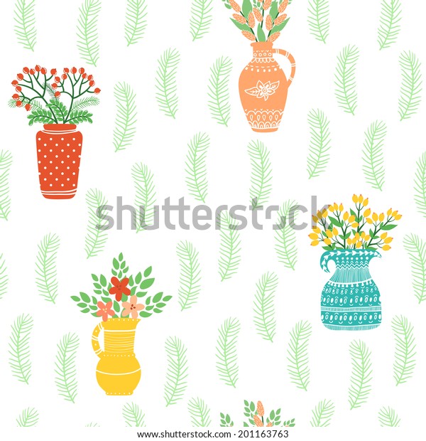 Vector Floral Seamless Pattern Vases Bouquet Stock Vector Royalty